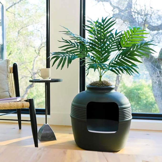 Good Pet Stuff Hidden Litter Box Planter, Decorative Cat Litter Enclosure with Carbon Filter & Faux Plant, Made in USA, Removable Liner, Odor Control, NEW Round Style, Essentials Kit, Matte Black
