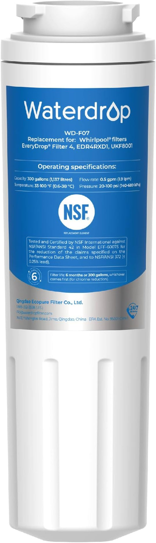 Waterdrop EDR4RXD1 Refrigerator Water Filter,Replacement for EveryDrop® Filter 4, Whirlpool® UKF8001, 4396395, Maytag® UKF8001AXX-200, UKF8001AXX-750, Kenmore® 46-9006, WD-F07