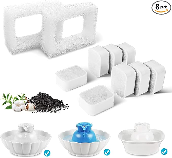 10 Pack Cat Water Fountain Replacement F-ilters, 8 Pack Pet Fountain Replacement F-ilters and 2 Pack Foam Filters for Tritone/Fiumi Ceramic Pet Lotus Ceramic Pet Drinking Fountain