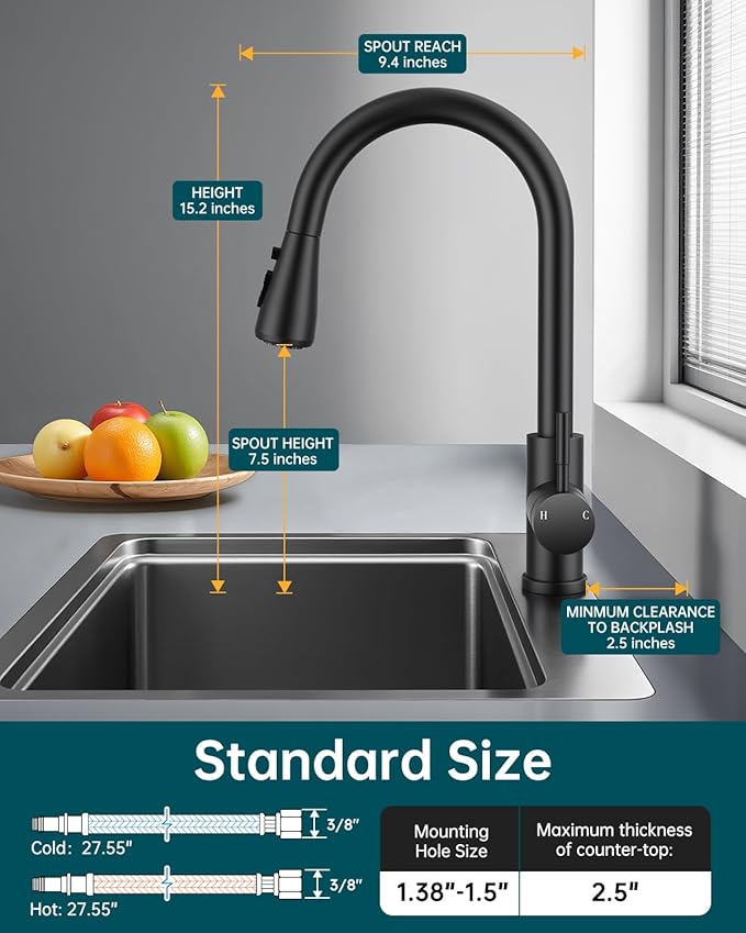 Hiqufet Black Kitchen Faucet with Soap Dispenser & Pull Down Sprayer, Rv Kitchen Sink Faucets for Pot Filler, Farmhouse Camper Bar Sink Laundry, RV Bathroom, Single Hole Single Handle Stainless Steel