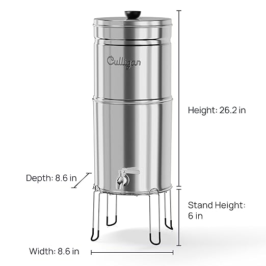 Culligan MaxClear 2.25 Gallon Gravity Water Filter System Removes Microplastics, PFAS & Lead, NSF/ANSI Certified, Polished Stainless-Steel Countertop Filter with 4 Ceramic Filters