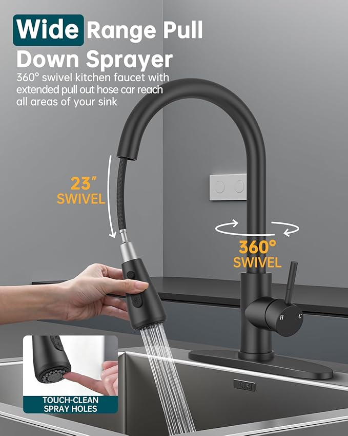 Hiqufet Kitchen Sink Faucet with Pull Down Sprayer with Deck Plate, 1 or 3 Holes High Arc Faucet, Stainless Steel Modern Bar Sink Faucets for Pot Filler, Farmhouse Laundry, RV Bathroom (Black)