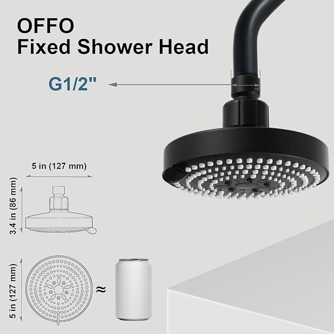 OFFO Shower Head, High Pressure Shower Head with 6 Mode, Fixed Showerheads for Strong Water Flow & Relaxing Shower Experience, Matte Black