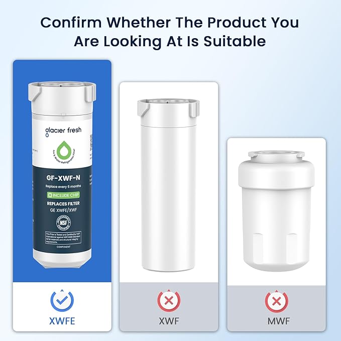 GLACIER FRESH Water Filter Compatible with XWFE (Built-in CHIP), Replacement for GE XWFE, XWF Refrigerator Water Filter NSF/ANSI 42 Certification Pack of 3