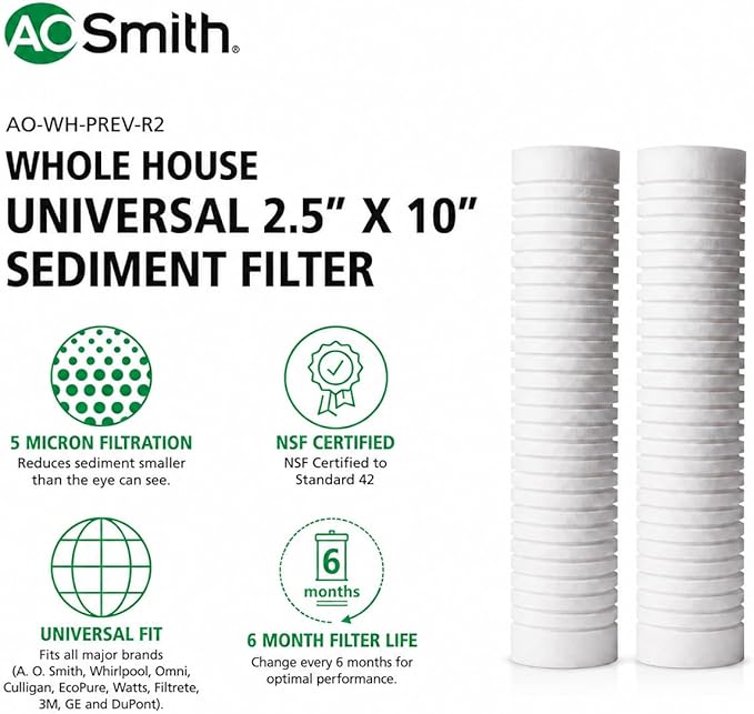 AO Smith 2.5"x10" 5 Micron Sediment Water Filter Replacement Cartridge - 2 Pack - NSF/ANSI 42 Certified - For Whole House Filtration Systems - AO-WH-PREV-R2