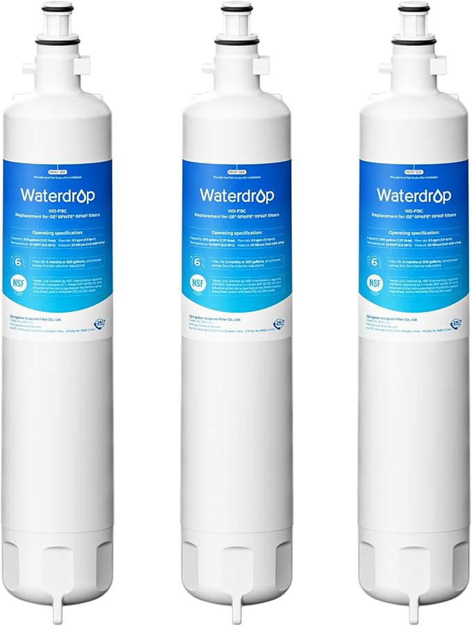 Waterdrop WD-F19C Replacement for GE® RPWFE®, RPWF (Built-in CHIP) Refrigerator Water Filter, Compatible with GFE28GYNFS, GFE28GELDS, PFE28KELDS, PFE28KYNFS, GFD28GELDS, PWE23KELDS, 3 Filters