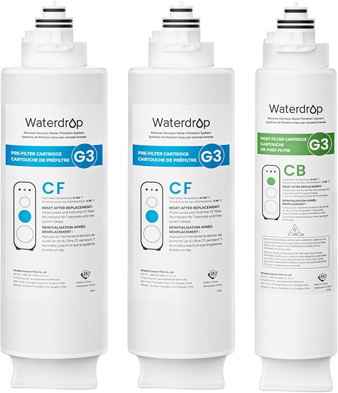 Waterdrop G3-2CFCB Filter, Replacement for Waterdrop G3-W & G3P600 & G3P800 Reverse Osmosis System, Pack of 2 G3-N1CF Filters and 1 G3-N3CB Filter, 1-Year Combo