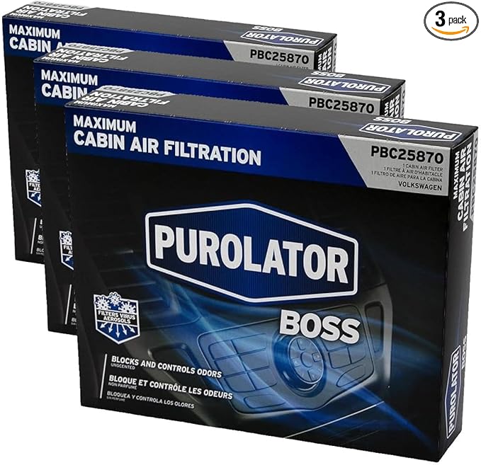 Purolator PBC25870 PurolatorBOSS Automotive Cabin Air Filter with Febreze & Activated Carbon, Car & Truck Passenger Compartment OEM Filter Replacement for Dodge Grand Caravan, and more (Pack of 3)