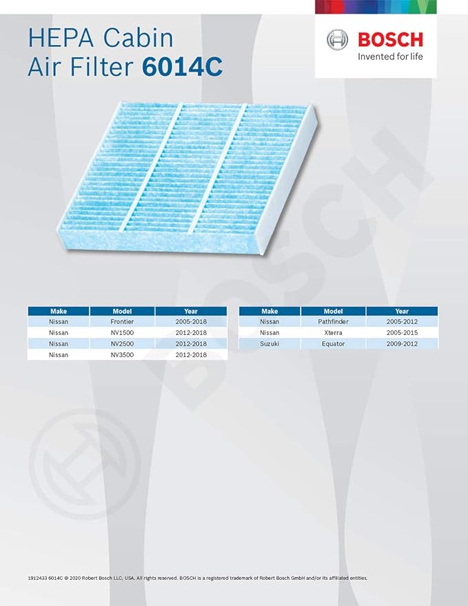 BOSCH 6014C HEPA Cabin Air Filter - Compatible with Select Nissan Frontier, Pathfinder, Xterra; Suzuki Equator (Pack of 3)