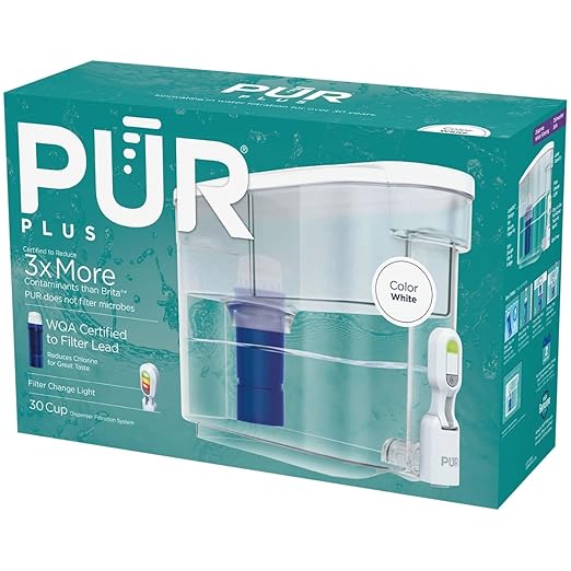 PUR PLUS 30-Cup Water Filter Dispenser with 1 Lead-Reducing PUR PLUS Filter, Dishwasher Safe, Powerful Filtration, Large Capacity with Slim, Space-Saving Design, White (DS1811Z)