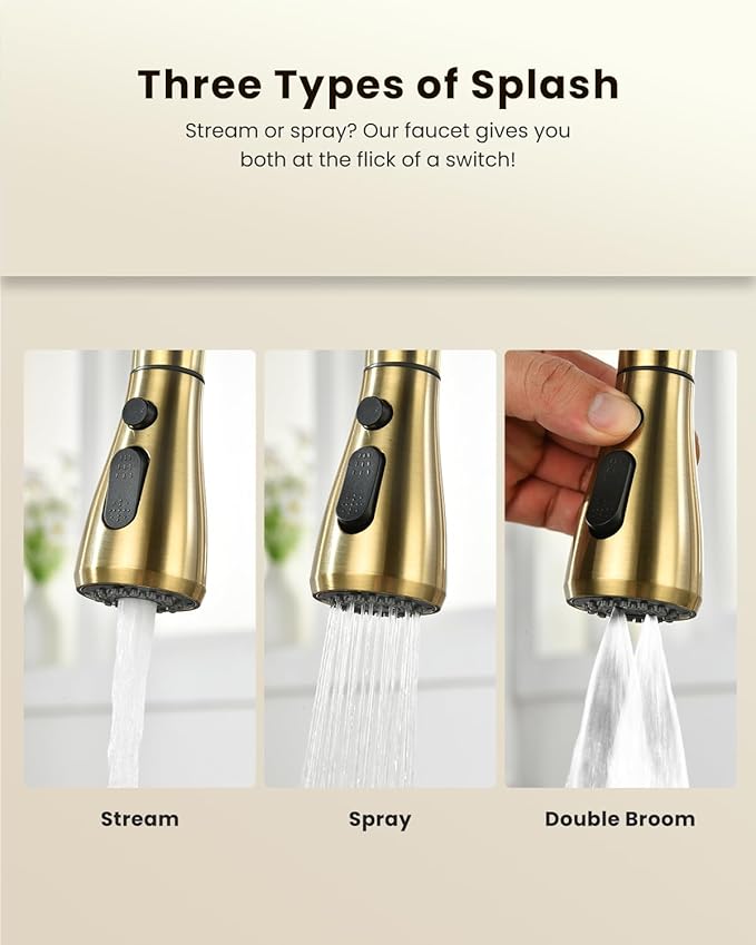 APPASO Kitchen Faucet with Water Filter (Without Water Filtration Device), 2 Handle 3 Way Gold Kitchen Sink Faucet, High Arch 3 Hole Kitchen Faucet with Pull Down Sprayer - 3 in 1 Faucet