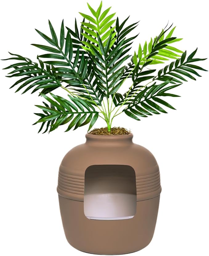 Good Pet Stuff Hidden Litter Box Planter, Decorative Cat Litter Enclosure with Carbon Filter & Faux Plant, Made in USA, Removable Liner, Odor Control, NEW Round Style, Essentials Kit, Chestnut Brown