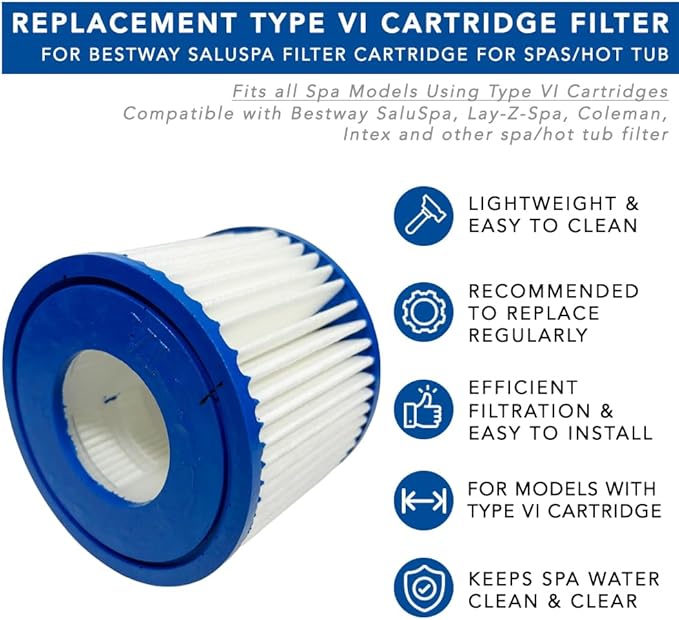MaximalPower Type VI Filter Compatible for BestWay SaluSpa Lay-Z-Spa Sunset Filters VI Volca Spares Size VI POOLPURE PLF-INTV1 Coleman SaluSpa 90352E, 58323E, 58323 (Spa Filter, 4, Count)