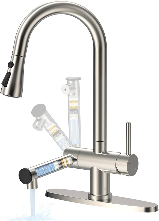 FEELSO Filter Kitchen Faucet, Stainless Steel Pull Down Sprayer, Reduces Lead Chlorine, High Arc 1 or 3 Hole Farmhouse Sink Faucet