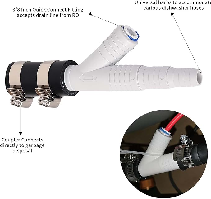 Dishwasher Drain Hose Adapter Kit - With 3/8-inch Quick Connect Fitting for a Water Filter and 7/8-inch Fitting for a Dishwasher – No Drilling Required, Compatible with WP164020