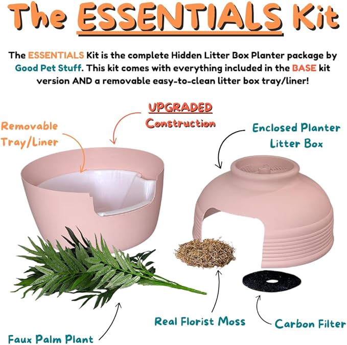 Good Pet Stuff Hidden Litter Box Planter, Decorative Cat Litter Enclosure with Carbon Filter & Faux Plant, Made in USA, Removable Liner, Odor Control, NEW Round Style, Essentials Kit, Blush Pink