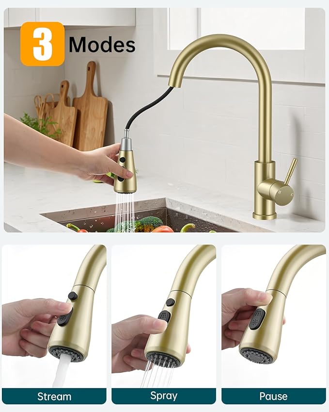 Hiqufet Brushed Gold Kitchen Faucet with Pull Down Sprayer, High Arc Faucet, Stainless Steel Modern RV Bar Sink Faucets for Pot Filler, Farmhouse Camper Bar Laundry, RV Bathroom