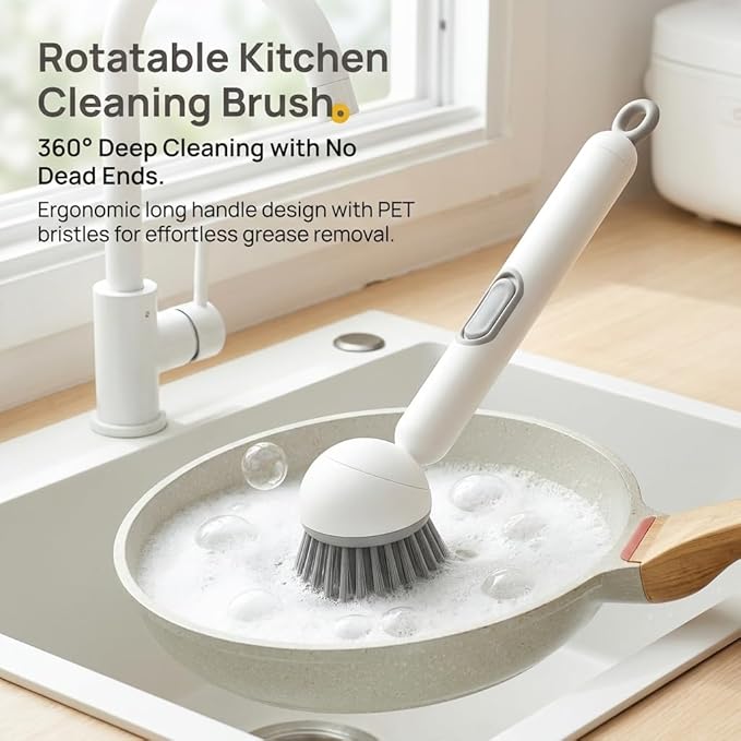 Rotatable Kitchen Cleaning Brush with Built-in Soap Dispenser for Non-Stick Pans, Stainless Steel Pots, Ceramic Cookware, Range Hood Filters, Oven Grates