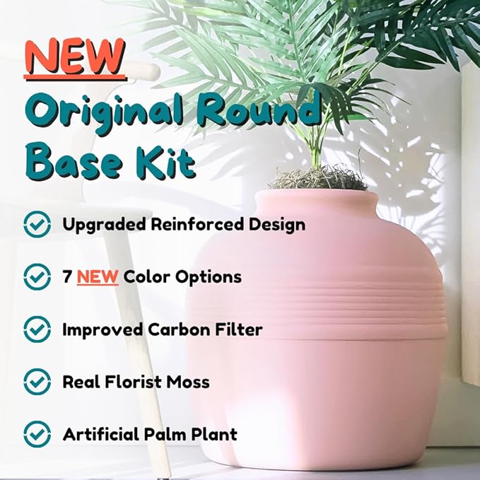 Good Pet Stuff Hidden Litter Box Planter, Decorative Cat Litter Enclosure with Carbon Filter & Faux Plant, Made in USA, Odor Control, Improved Design, NEW Round Style, Base Kit, Blush Pink