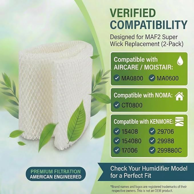 MAF2 Humidifier Wick Filter, MAF2 Super Wick Replacement Compatible with AIRCARE Essick Air Moist Air MA0800 MA0600 MA0601 and Kenmore 15408 17006 29706 29988 Humidifiers(2 Pack)