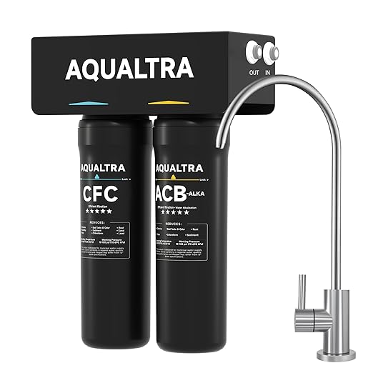 AQUALTRA USF-2F-10 Slightly Alkaline Under Sink Filter System, 20K Gal with Faucet, Reduce PFOA, PFOS, Chlorine, Lead, Mercury, Chloramine, Fluoride, Microplastics Particles, Bad Taste & Odor