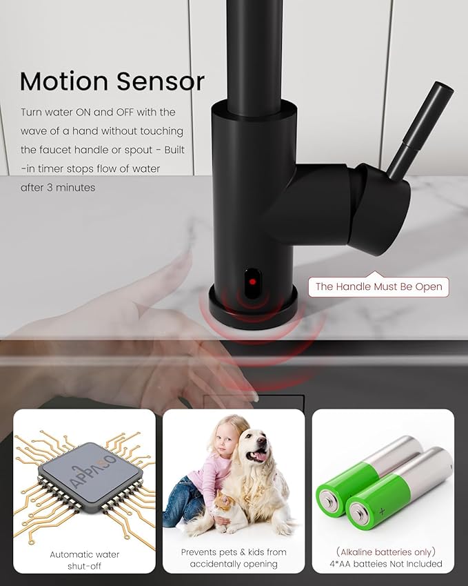 APPASO Touchless Kitchen Faucet, CUPC-Certified Hoses, Matte Black Hands Free Sink Faucet with Soap Dispenser and Pull Down Sprayer 3 Modes, Activated Motion Sensor Faucets S304 Stainless Steel
