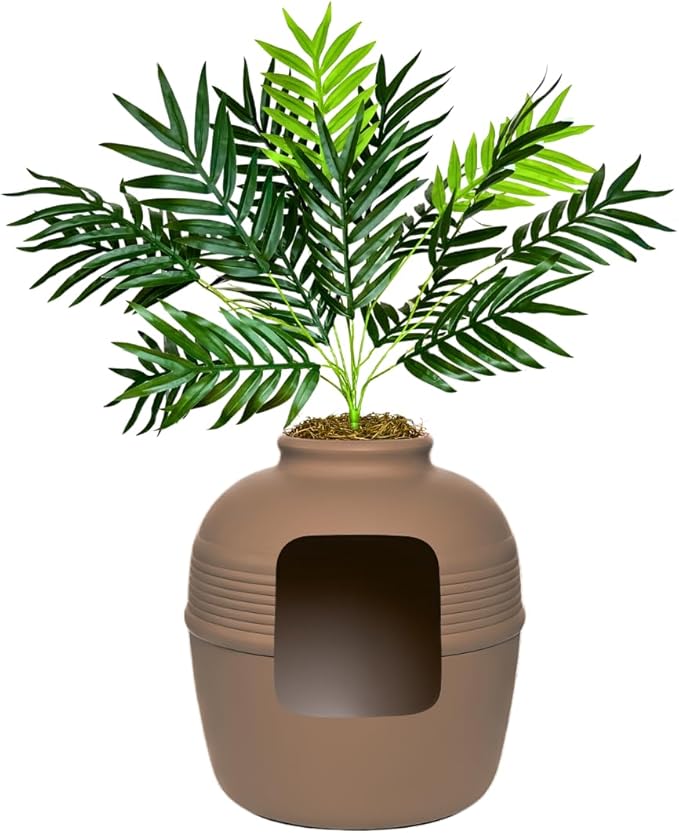 Good Pet Stuff Hidden Litter Box Planter, Decorative Cat Litter Enclosure with Carbon Filter & Faux Plant, Made in USA, Odor Control, Improved Design, NEW Round Style, Base Kit, Chestnut Brown