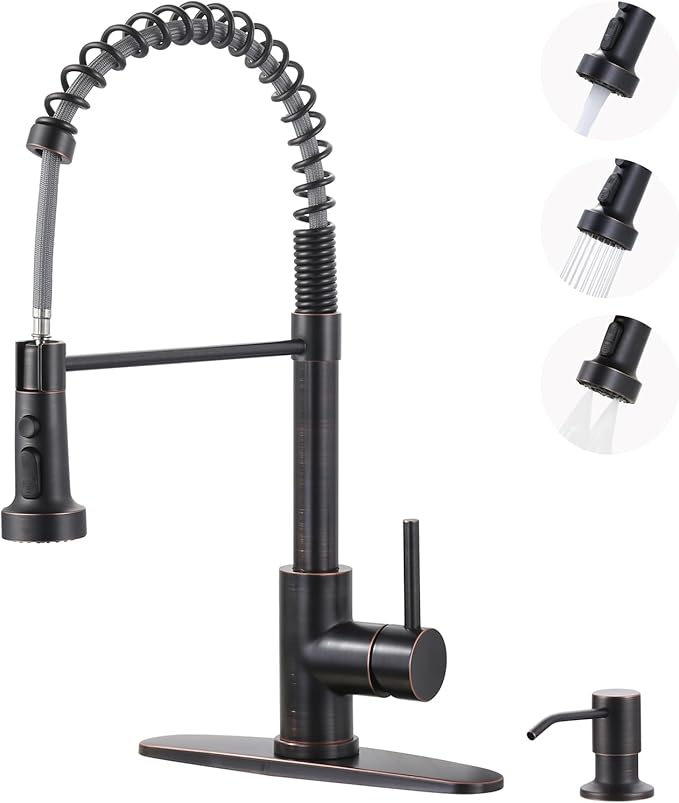 ARCORA Kitchen Faucets with Soap Dispenser: Oil Rubbed Bronze Kitchen Faucets with Pull Down Sprayer - Stainless Steel Single Handle Kitchen Sink Faucets with Deck Plate for Farmhouse RV Laundry