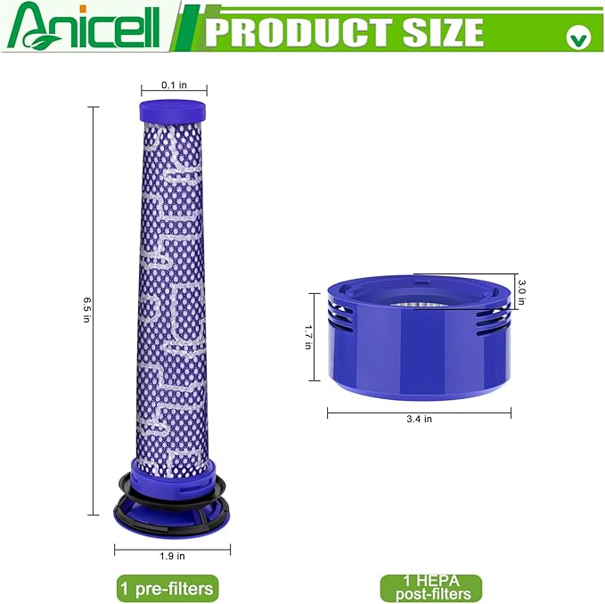 Replacement Filter Compatible with Dy.son V8 V7 SV10 Animal & Absolute Cordless Vacuum Replacements, Replace Part # 965661-01 & 967478-01, 1 Pre-Filter+1 Post HEPA Filter+1 Brush