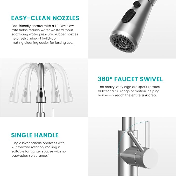 Kicimpro Kitchen Faucets with Pull Down Sprayer, NSF Certified Lead-Free 304 Stainless Steel Sink Faucet 1 Hole, Faucet for Kitchen Sink, Rv, Bar, Camper, Laundry, Easy Installation,Brushed Nickel