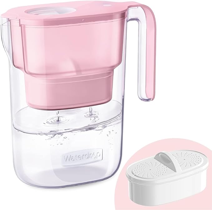 Waterdrop PT-05P Water Filter Pitcher, 7-Cup Capacity, NSF Certified, 5X Longer Filter Life, Up to 200 Gallons, for Fridge, Countertop, and Gift Giving, Reduces PFOA/PFOS, Chlorine, Pink