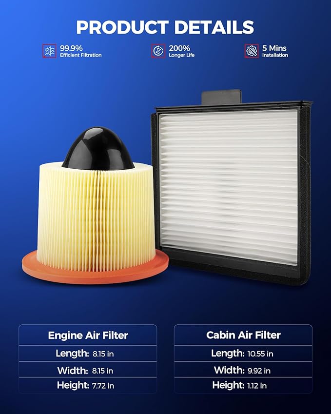 KAX Engine & Cabin Air Filter Kit, Replacement for Ford F-150, F-250 Super Duty, F-350 Super Duty, F-150 Heritage, F-250, F-550 Super Duty, F-450 Super Duty, Expedition, Replace# CA8039 CF8631A