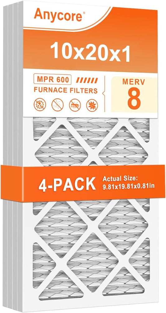 10x20x1 Air Filter 4 Pack MERV 8 AC HVAC Furnace Pleated Filters for Home Office MPR 600 FPR 5 (Actual Size: 9.81x19.81x0.81 inch)