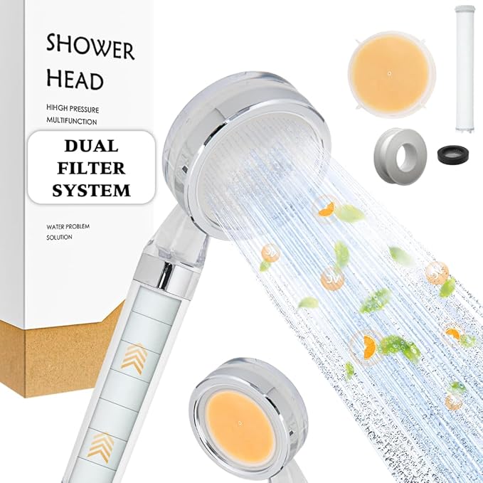 Filtered Shower Head for Hard Water - High Pressure, Removes Chlorine & Impurities - Vitamin C & PP Dual Filter for Dry Skin & Hair - Handheld Spa System, Clear