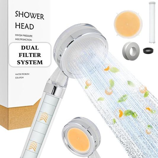 Filtered Shower Head for Hard Water - High Pressure, Removes Chlorine & Impurities - Vitamin C & PP Dual Filter for Dry Skin & Hair - Handheld Spa System, Clear