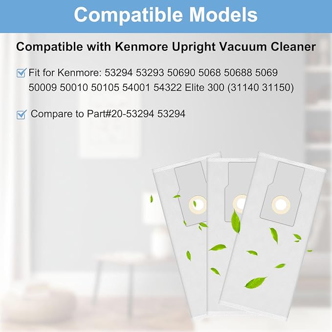 53294 Type O HEPA Cloth Vacuum Bags Replacement + EF-9 53296 HEPA Filter Compatible with Kenmore 31140 31150 BU1017 BU1005, 6 Pack