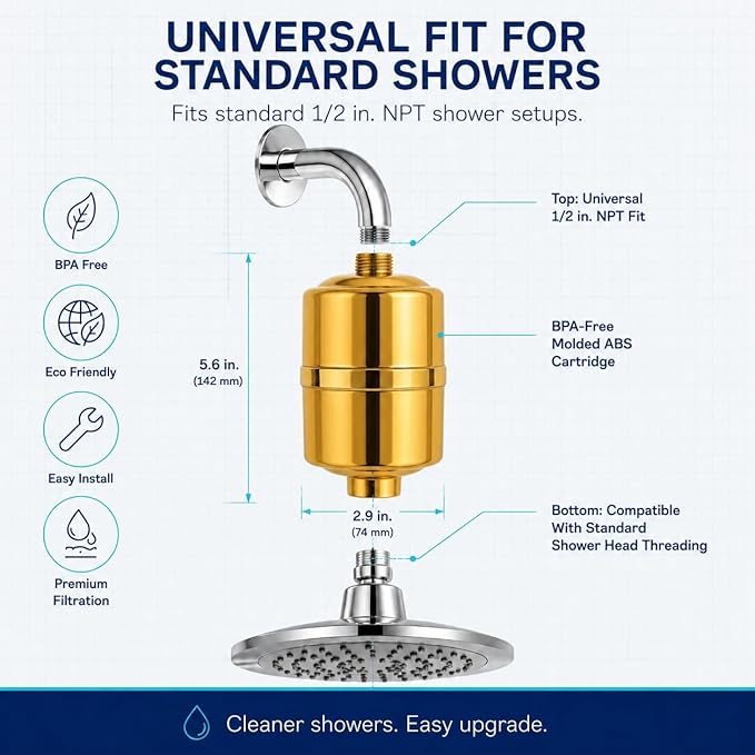 Crystal Quest Shower Filter, Shower Head Filter for Hard Water, Shower Water Filter Removes Chlorine, chloramines & VOCs, Filter Shower Head, Improves Skin & Hair, Long-Lasting - ISO Certified, Gold