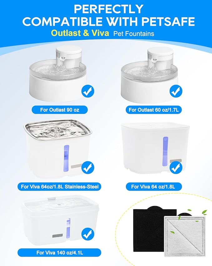 8 Pack Pet Water Fountain Filter Replacement Compatible with PetSafe Outlast Pumpless Fountains, Fit for Viva Cat Fountain Stainless Steel