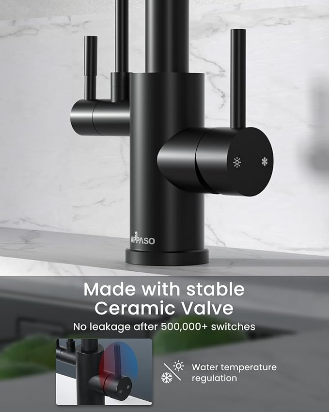 APPASO Black Kitchen Faucet with Drinking Water Faucet, 3 in 1 Pull Down Lead-Free Faucet with Purfied Water Faucet, Single-Handle Kitchen Water Filter Faucet, Matte Black (Without Filtration Device)