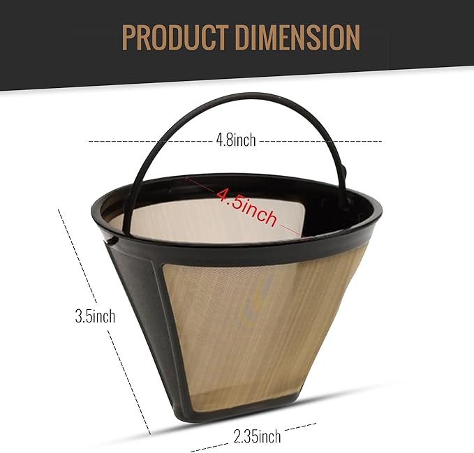 Reusable #4 Gold Tone Mesh Cone Coffee Filter Basket - Cuisinart Coffee Maker Filter Replacement for Ninja, Hamilton Beach, Breville, Moccamaster, Bonavita, Farberware, 2pcs