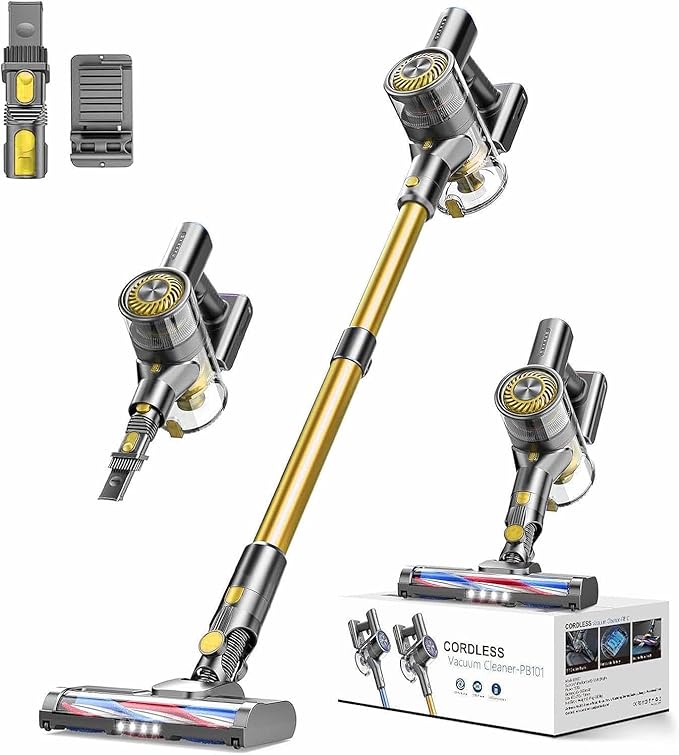 MBTTODF Cordless Vacuum Cleaner for Home & Pet Hair – Lightweight Stick Vacuum with 40-Min Runtime, Anti-Tangle Brush & LED Headlight, for Hardwood, Carpet & Tile(Yellow)
