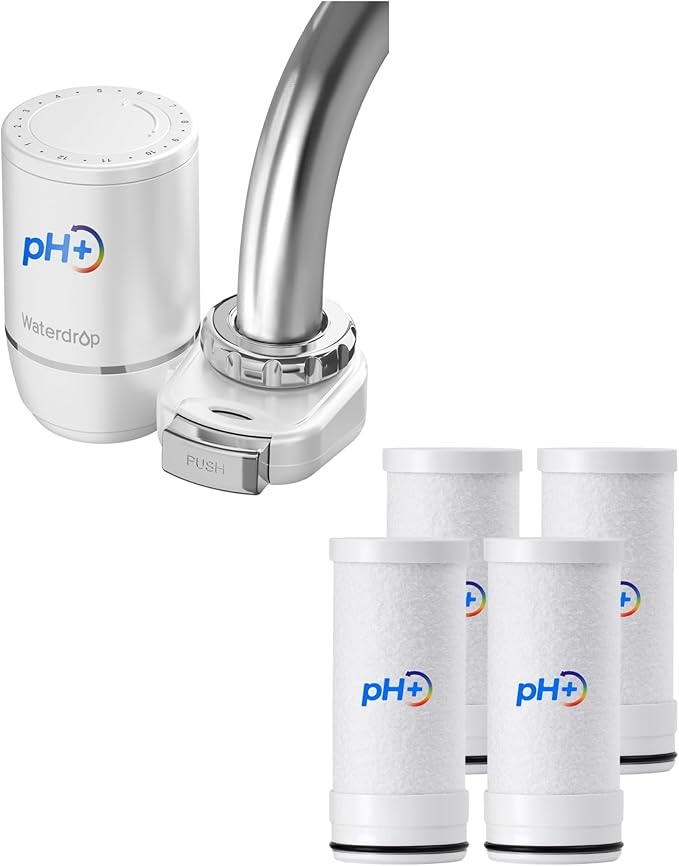 Waterdrop FC-02 Alkaline Water Filter for Sink Faucet, Filter Life Reminder, Tap Water Filter for Kitchen Sink, NSF Certified Reduces Chlorine, Easy Installation, 320 Gallons, 4 Filters