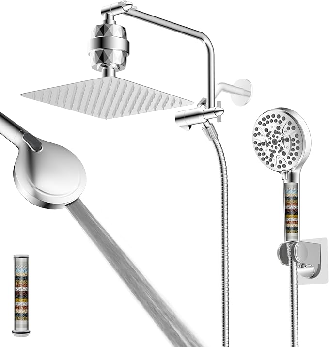 Filtered Shower Head, 10" High Pressure 10-Spray Handheld/Rainfall Shower Head Combo with 20 Stage Shower Filter, 11" Shower Extension Arm, 71" Hose, Shower Head Holder, Chrome