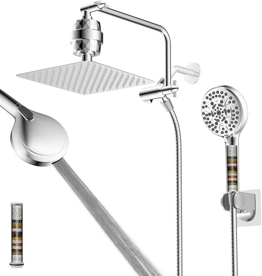 Filtered Shower Head, 10" High Pressure 10-Spray Handheld/Rainfall Shower Head Combo with 20 Stage Shower Filter, 11" Shower Extension Arm, 71" Hose, Shower Head Holder, Chrome