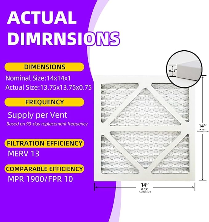 14x14x1 MERV 13 (6-Pack) Pleated Air Filter (Actual Size: 13.75"x13.75"x0.75") MPR 1900 & FPR 10, Furnace Air Filters