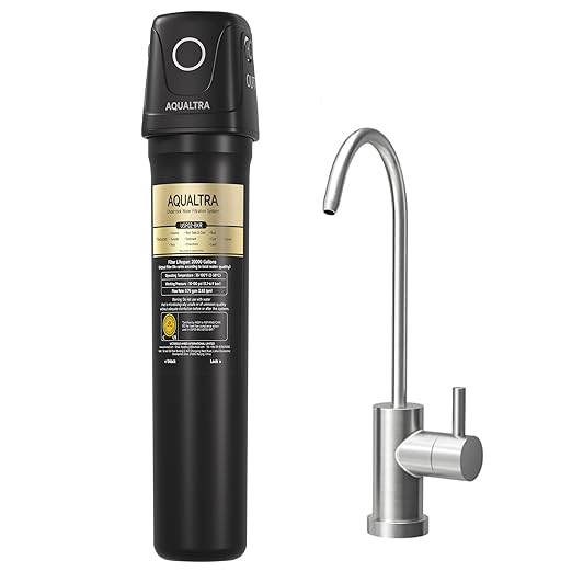 AQUALTRA USF02-BKF Under Sink Filter System, 20K Gal with Faucet, NSF/ANSI/CAN 372 Certified, Reduce PFOA, PFOS, Chlorine, Lead, Mercury, Chloramine, Fluoride, Microplastic Particles, Bad Taste & Odor