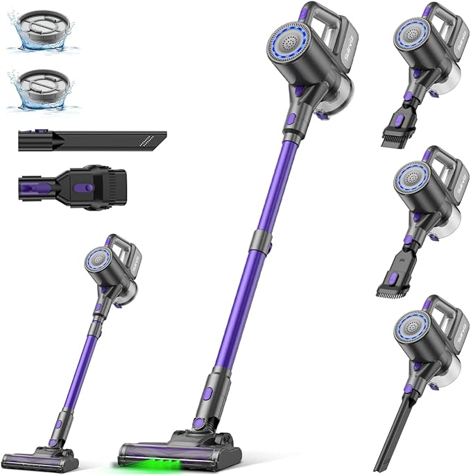 Suirviz Cordless Vacuum Cleaner, 40KPA/500W/35Mins, Powerful Suction with Green LED Dust Detection, Stick Vacuum Self-Standing, Lightweight Handheld Vacuum for Pet Hair, Carpet & Hard Floor, Purple