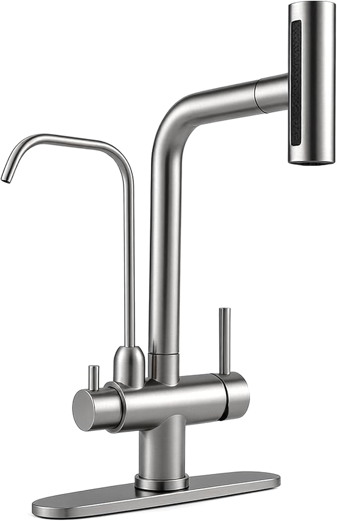 Waterfall Kitchen Faucet with Water Filter,Upgraded Separate Drinking Water 2 Handle Kitchen Faucet with Pull Down Sprayer, Brushed Nickel 3 in 1 Sink Faucets, Without Water Filtration Device