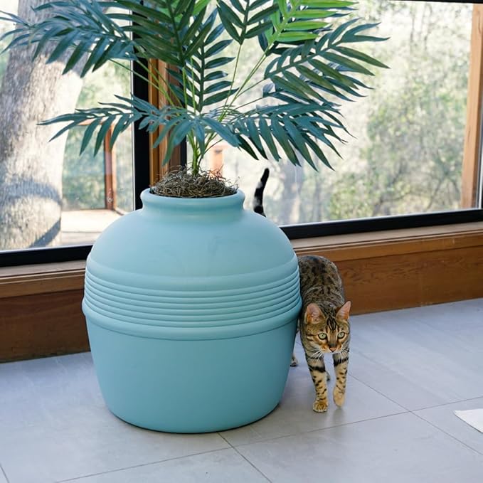 Good Pet Stuff Hidden Litter Box Planter, Decorative Cat Litter Enclosure with Carbon Filter & Faux Plant, Made in USA, Odor Control, Improved Design, NEW Round Style, Base Kit, Coastal Blue