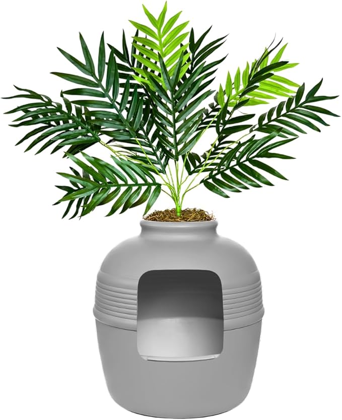 Good Pet Stuff Hidden Litter Box Planter, Decorative Cat Litter Enclosure with Carbon Filter & Faux Plant, Made in USA, Removable Liner, Odor Control, NEW Round Style, Essentials Kit, Pebble Gray